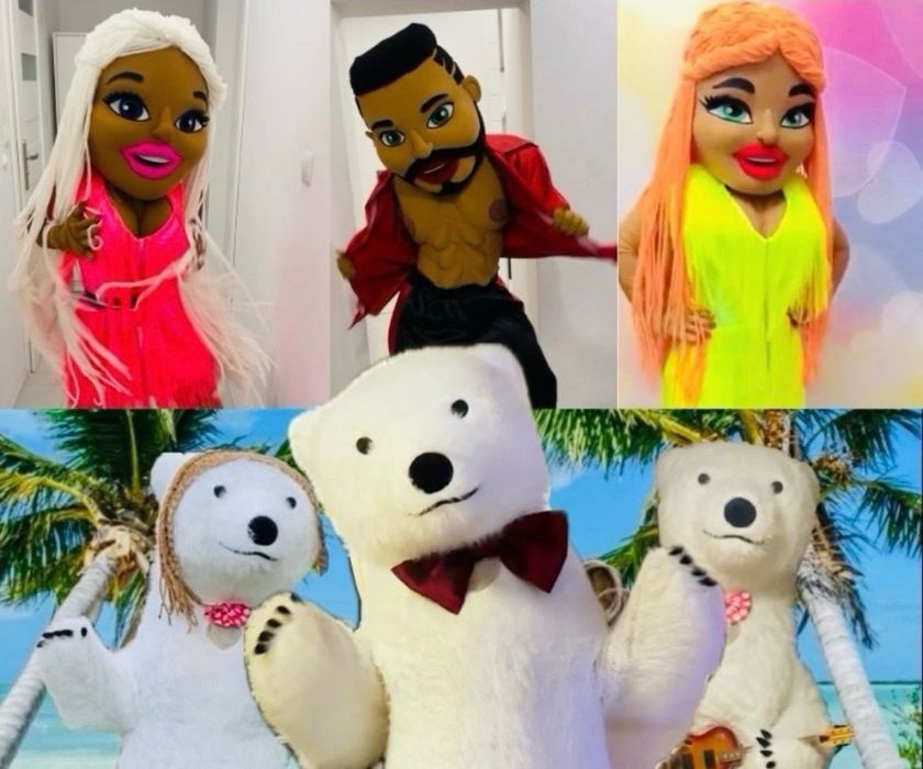 biały miś, żywa maskotka, miś na imprezę, wynajem misia, tancerka