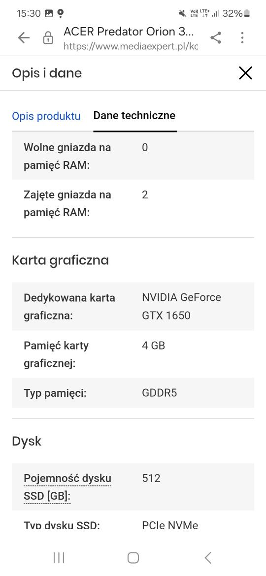 Komputer ACER Predator Orion 3000 PO3-630 i5-11400F 16GB RAM 512GB SSD