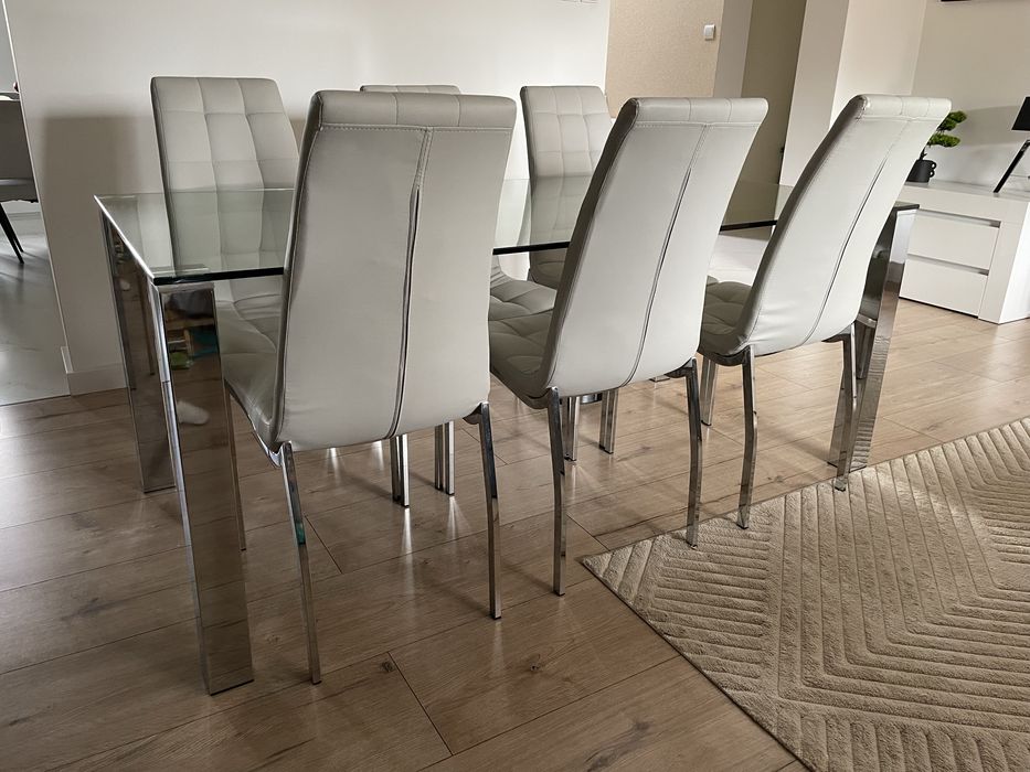 Stół szklany 180x90cm ze srebrnymi nogami z 6 krzesłami