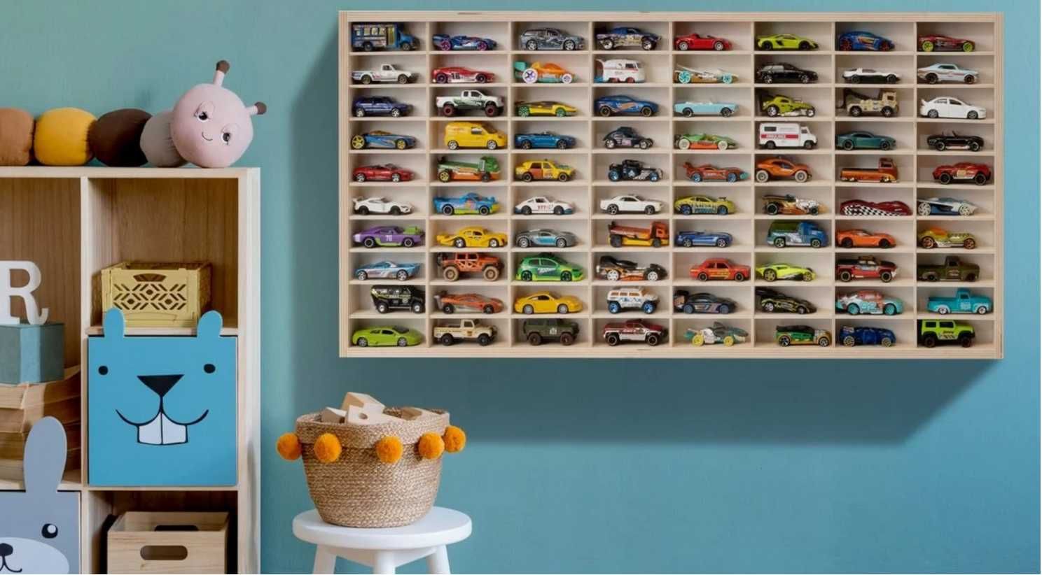 DREWNIANA PÓŁKA NA AUTA resoraki MDF organizer HOT WHEELS 90 przegród