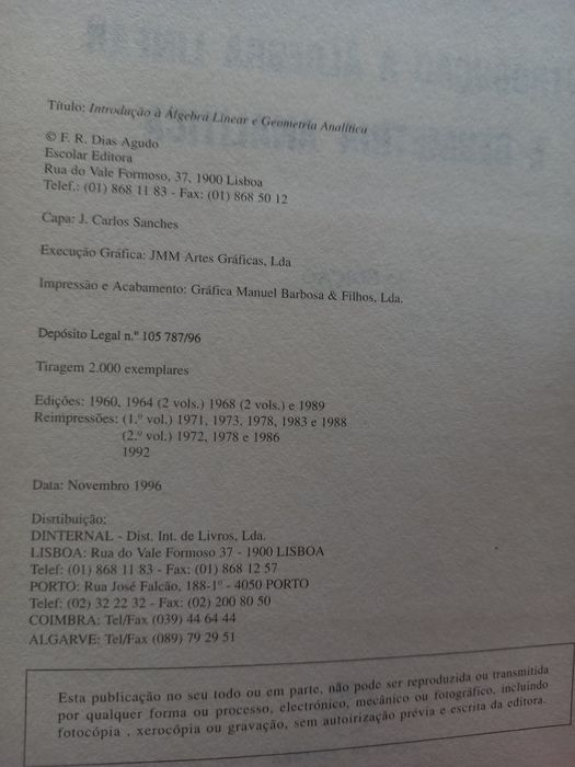 Introdução à Álgebra Linear e Geometria Analítica, F. R. Dias Agudo