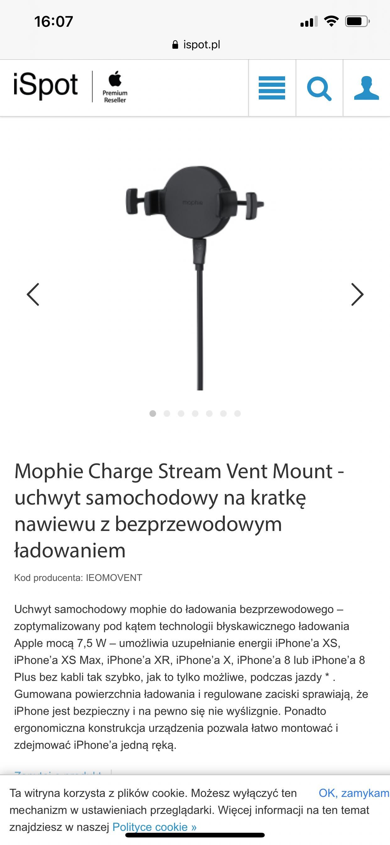 Mophie Charge Stream Vent Mount uchwyt na kratkę z ładowaniem