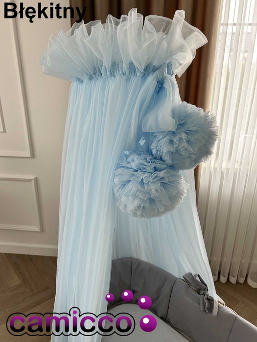 BALDACHIM do łóżeczka szyfon tiul baldachimy 8 metrowy + POMPONY