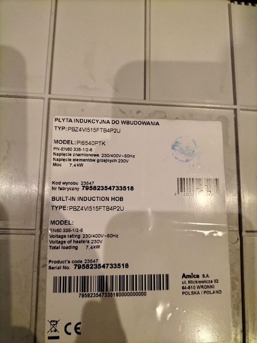 Płyta indukcyjna do wbudowania Amica ( uszkodzona szyba )