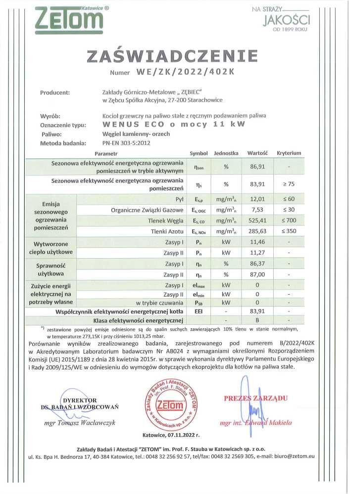 Kocioł, piec ZĘBIEC WENUS ECO 11 kW - tradycyjny / zasypowy