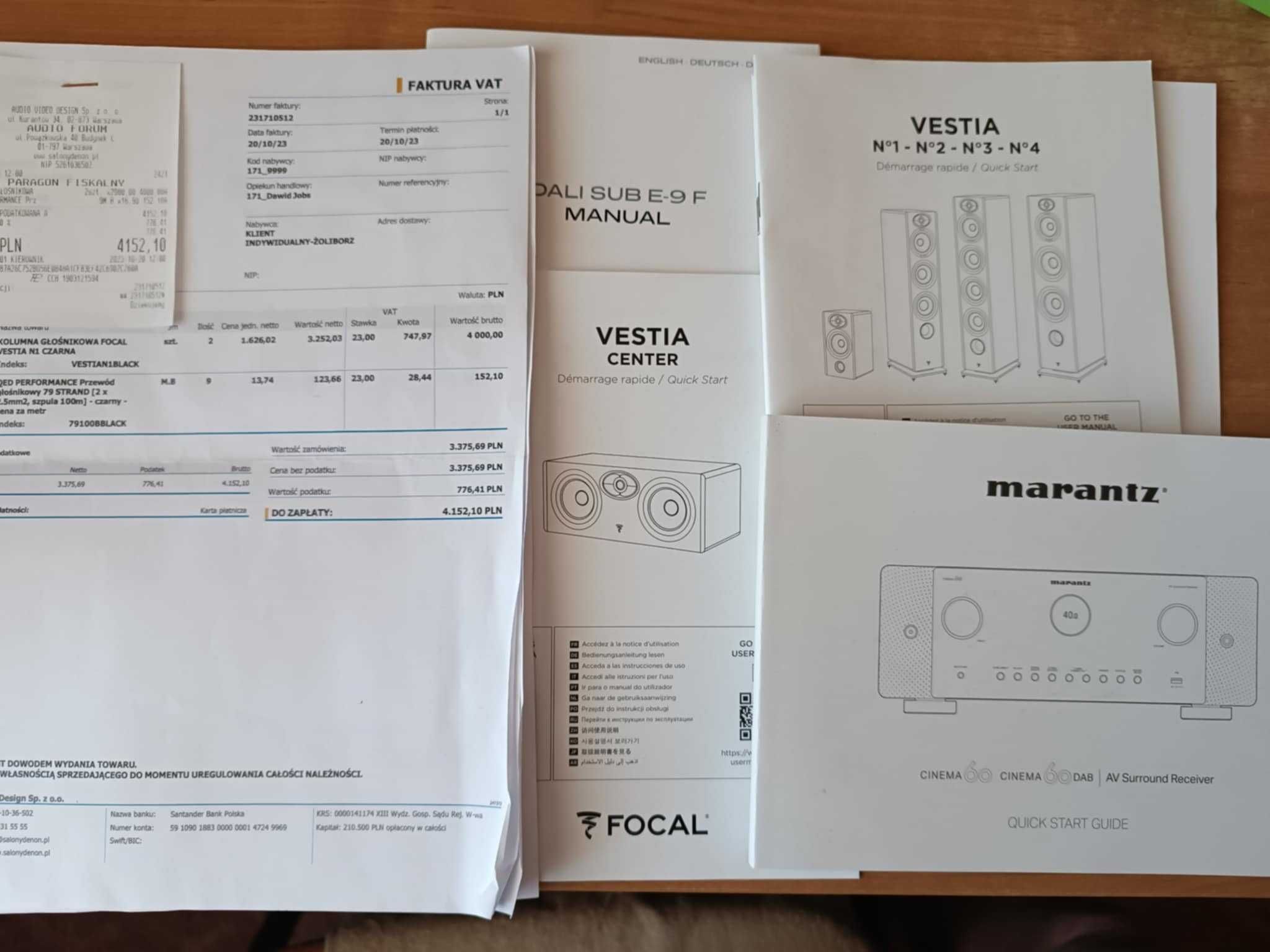 Kino domowe amplituner Marantz Cinema 60, Focal VESTIA, Dali Sub E-9 F