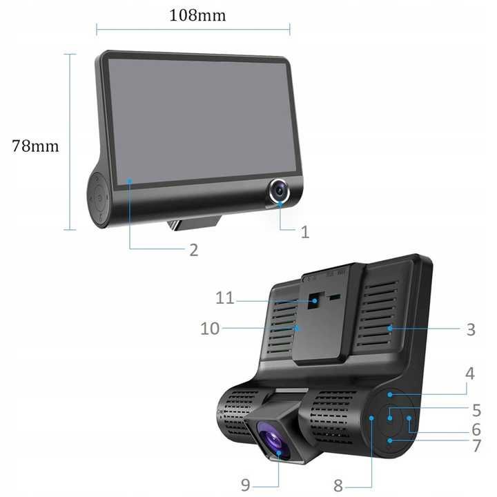 WIDEOREJESTRATOR samochodowy 3 kamery Monitor Full HD KAMERA COFANIA