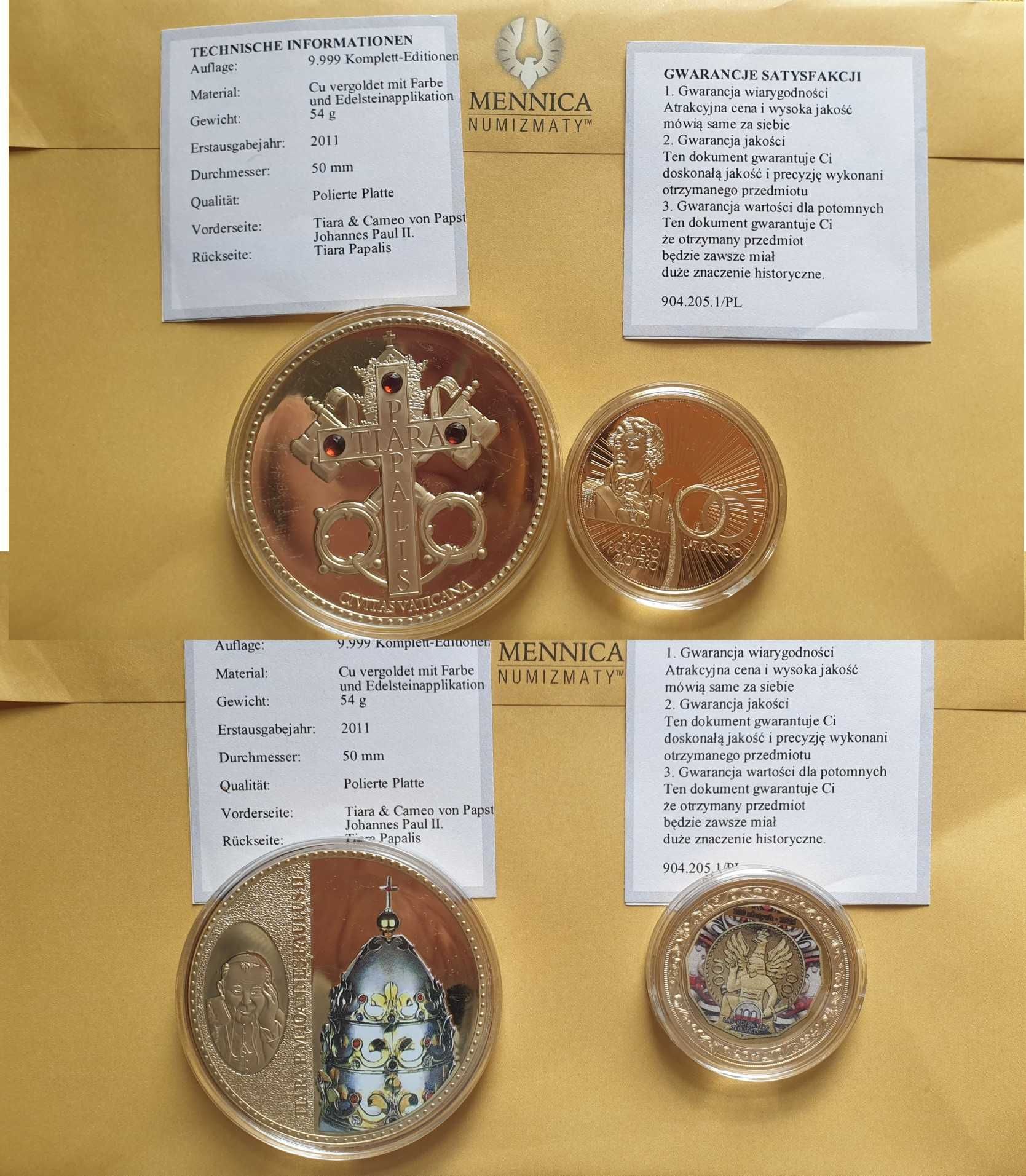 2 medale! Tiara JanaPawłaII i 100lat zł  Platerowane złotem Certyfkaty