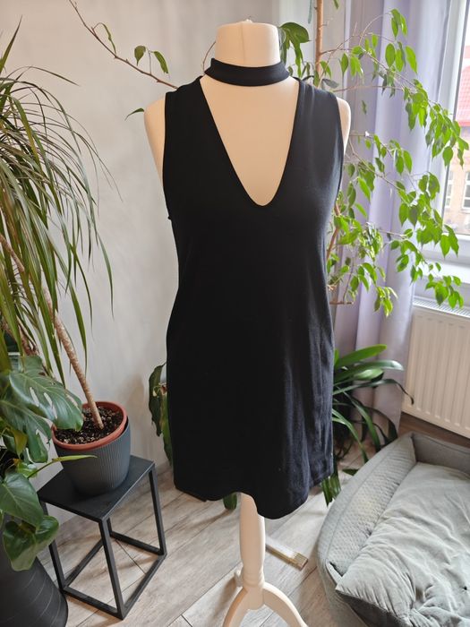 Czarna sukienka Zara pod szyją pasek weselna komunijna letnia retro