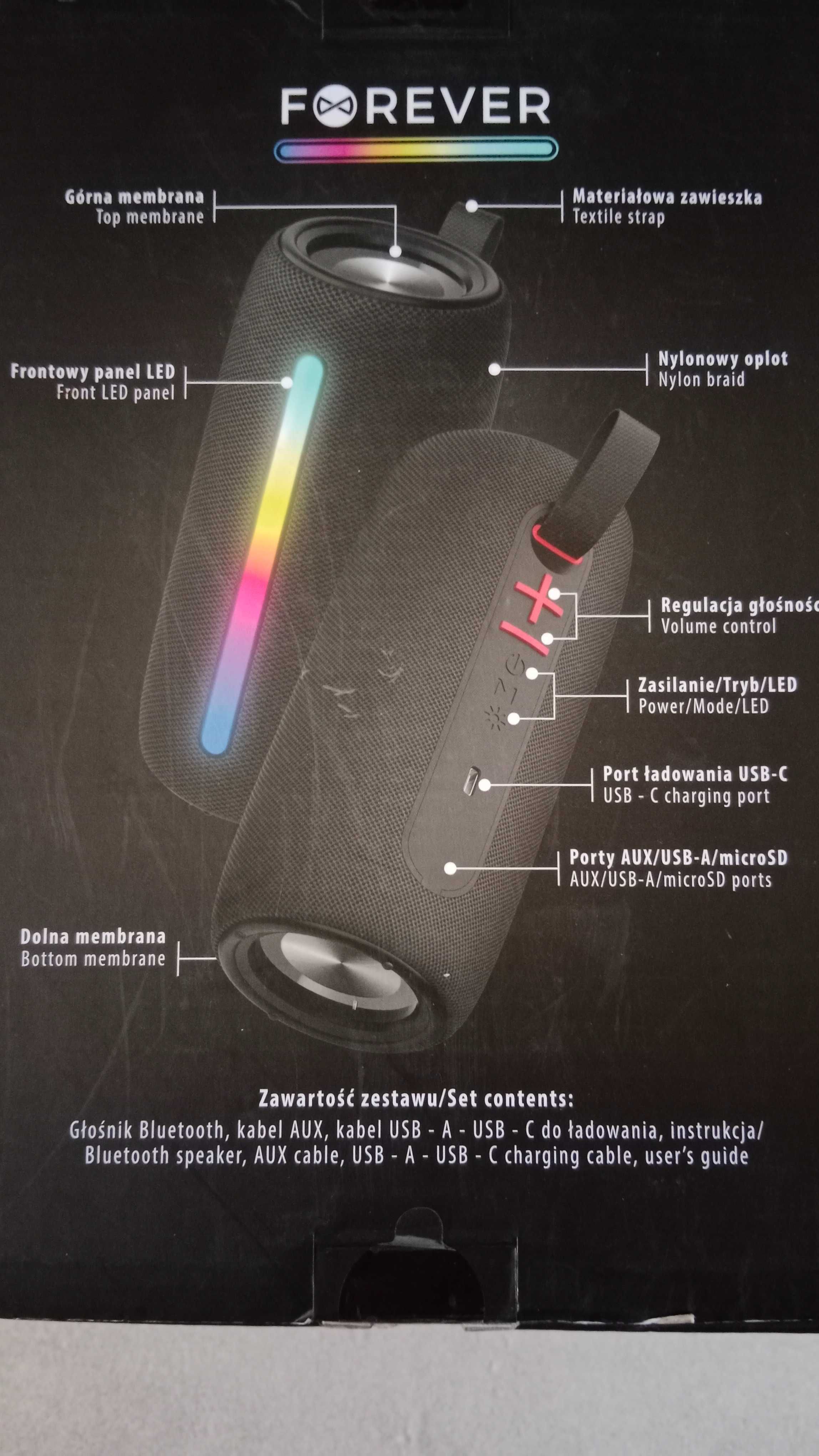 FOREVER Sonicwave, przenośny głośnik LED Bluetooth, 2x10 W