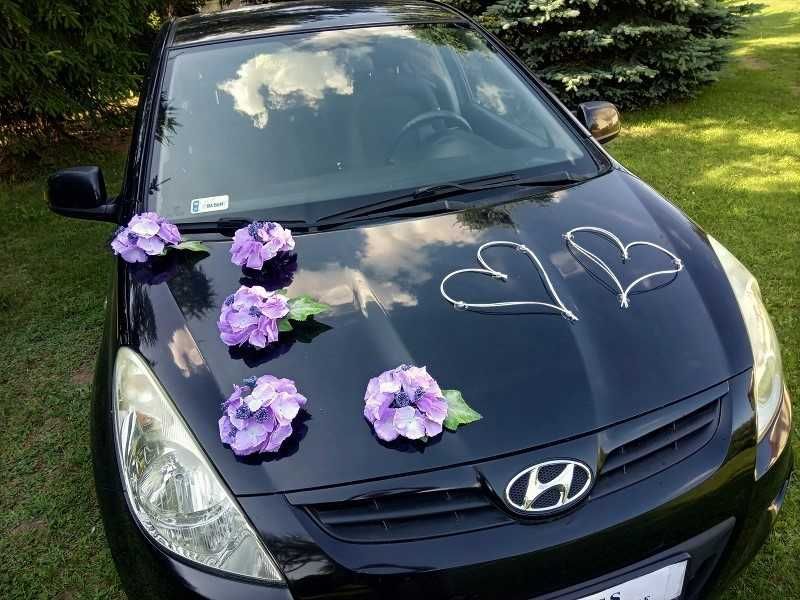 DS19 * Ślubna dekoracja na samochód z fioletowymi hortensjami