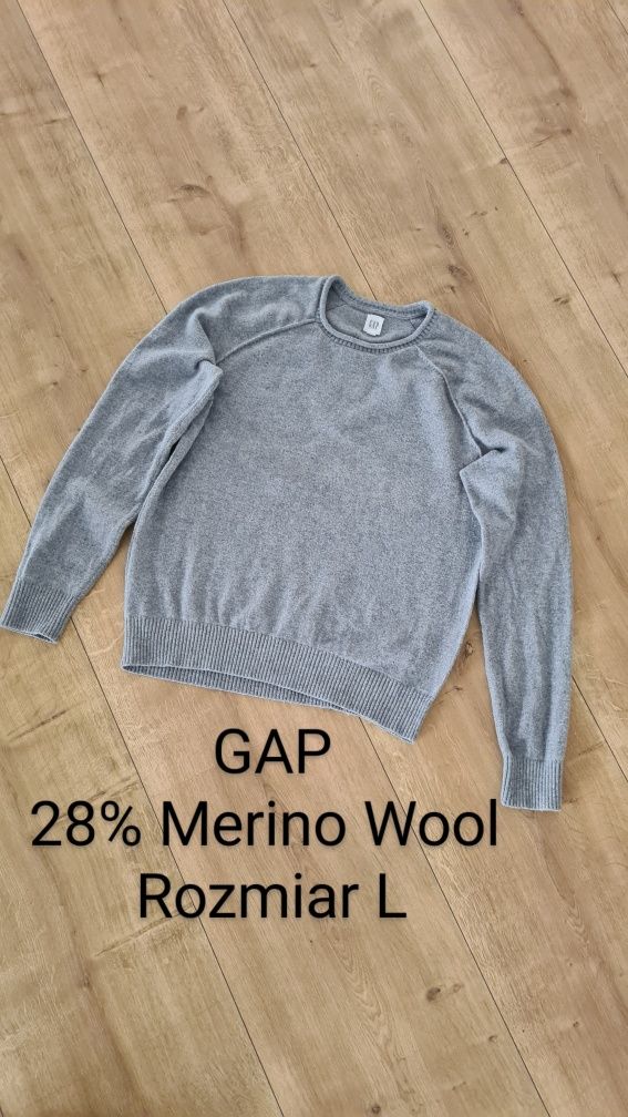 Sweter GAP. Rozmiar L. Szary. 28% Merino Wool.  Y2k drill