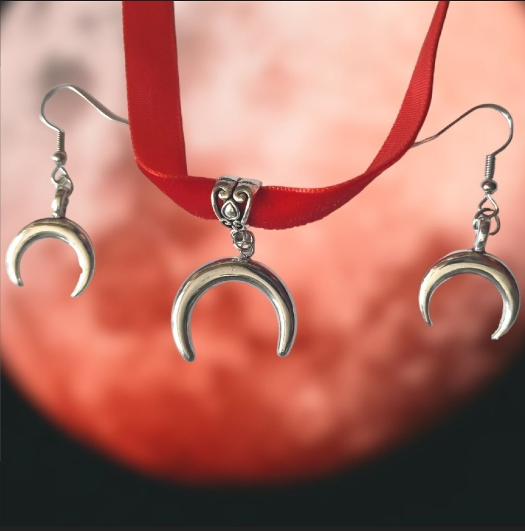 Komplet lunula choker słowiański naszyjnik kolczyki księżyc półksiężyc