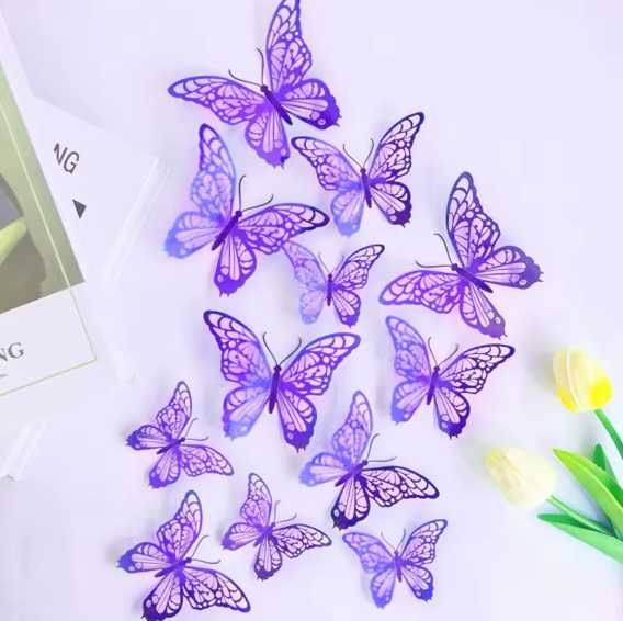 Ozdobne Duże Motyle 3D Fiolet Intensywna Purpura 12 szt naklejki