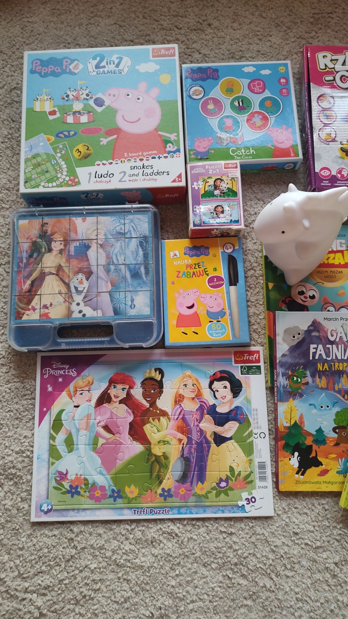 Puzzle, Chińczyk, gra catch me Peppa, rzepy czepy zestaw