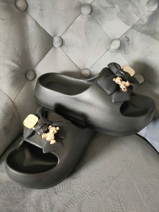 Klapki sandały na platformie złote misie złoto czarne 40 41