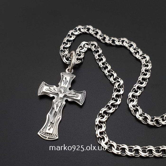 Срібна чоловіча цепочка ланцюжок Бісмарк з хрестиком кулоном 925 проба