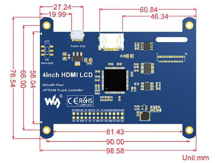 LCD RaspberryPi Ekran dotykowy 800x480 4" HDMI GPIO WSR-07602