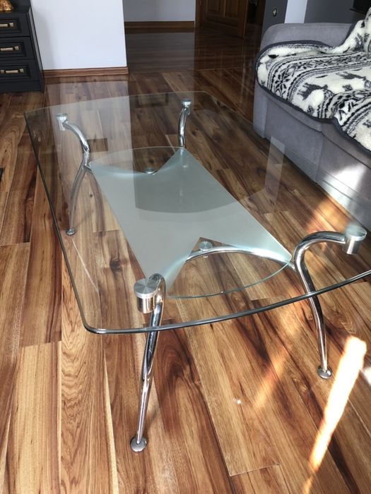 Stół stolik kawowy szklany niski srebrne chromowane nóżki dwupoziomowy