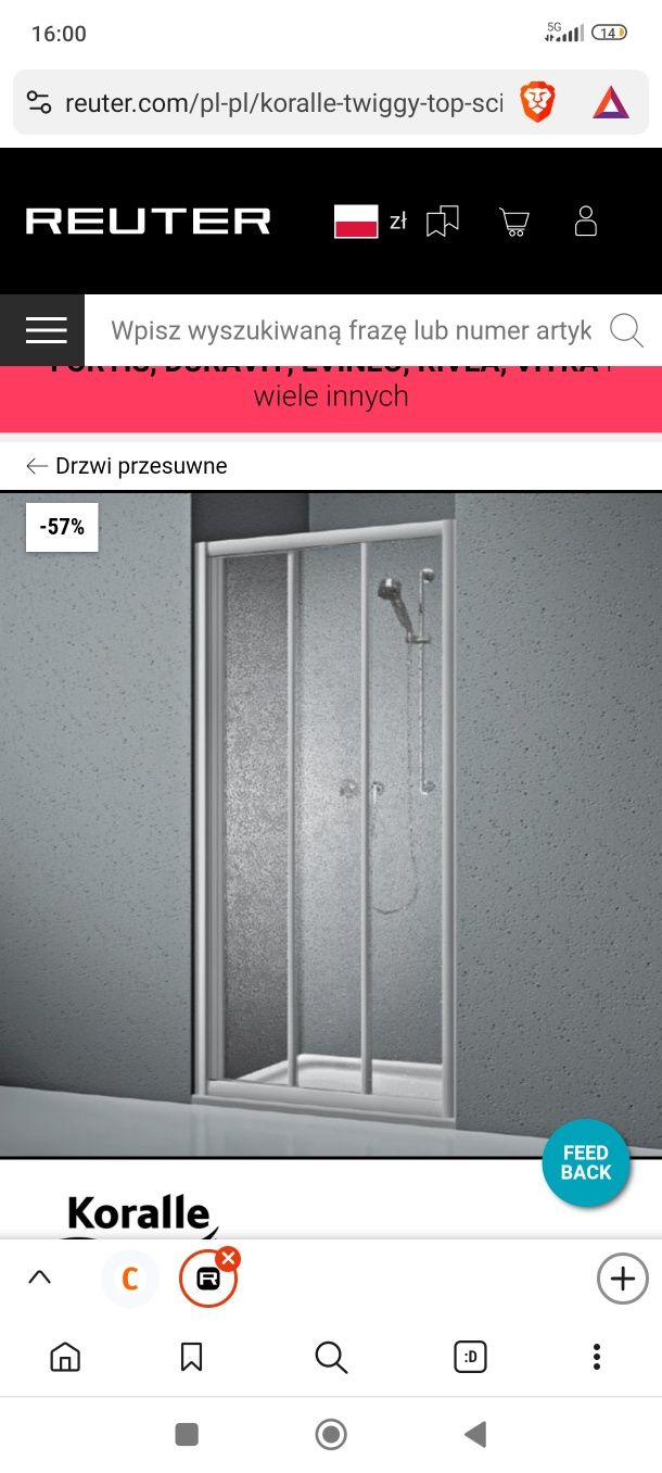 Drzwi prysznicowe Koralle Twiggy Top 120x185 cm pod brodzik 119-123cm