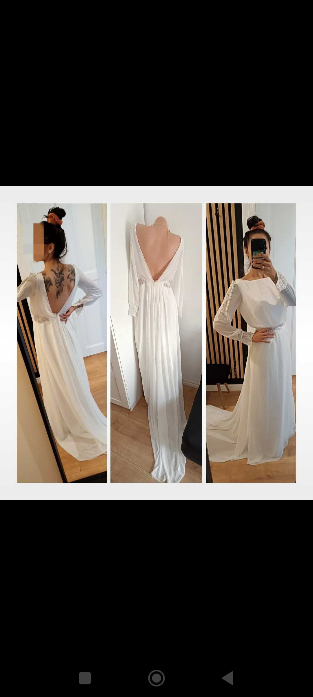 Szyfonowa gładka klasyczna suknia ślubna delikatna M 3 długi rękaw
