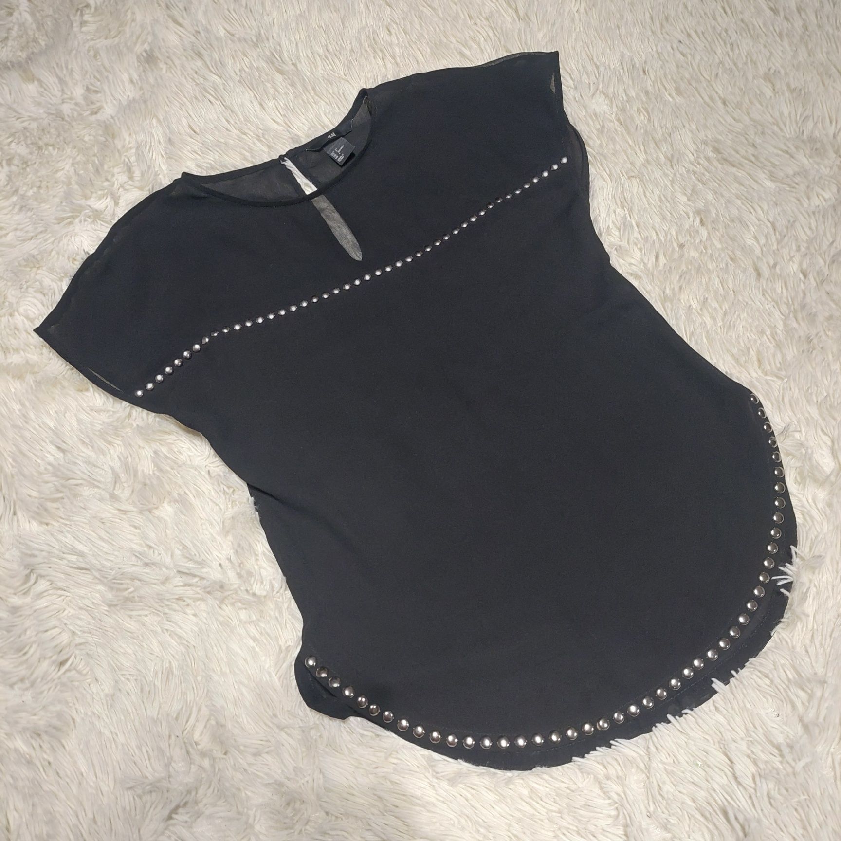 Czarna elegancka bluzka, dżety, ćwieki, xs, 34 H&M, prześwitująca