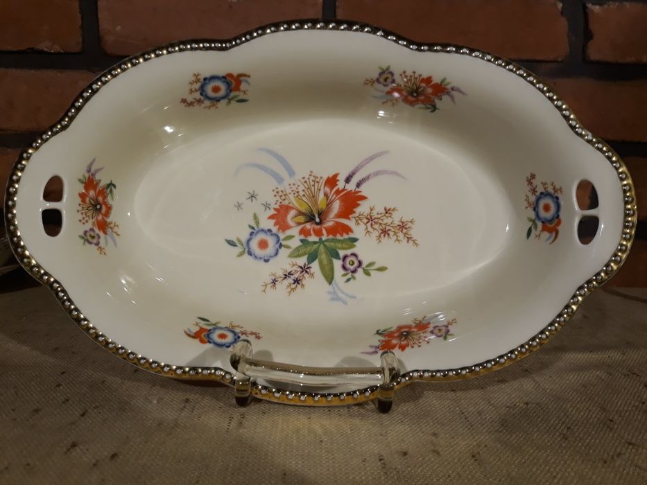 Duża patera, porcelana Schumann, Porcelana Bavaria, Kwiaty, Złoto