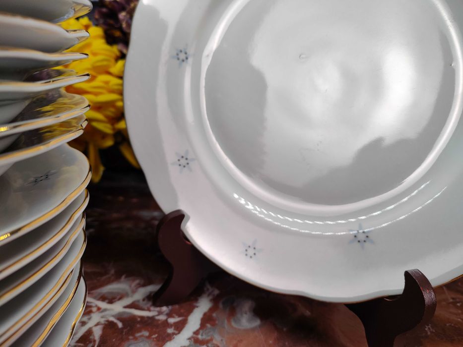 Złocone talerze obiadowe płaskie oraz głębokie - 8 + 9 sztuk - Colditz