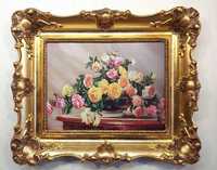 Herbaciane róże.Obraz w złotej stylowej ramie.(Reprodukcja) 59x49 cm