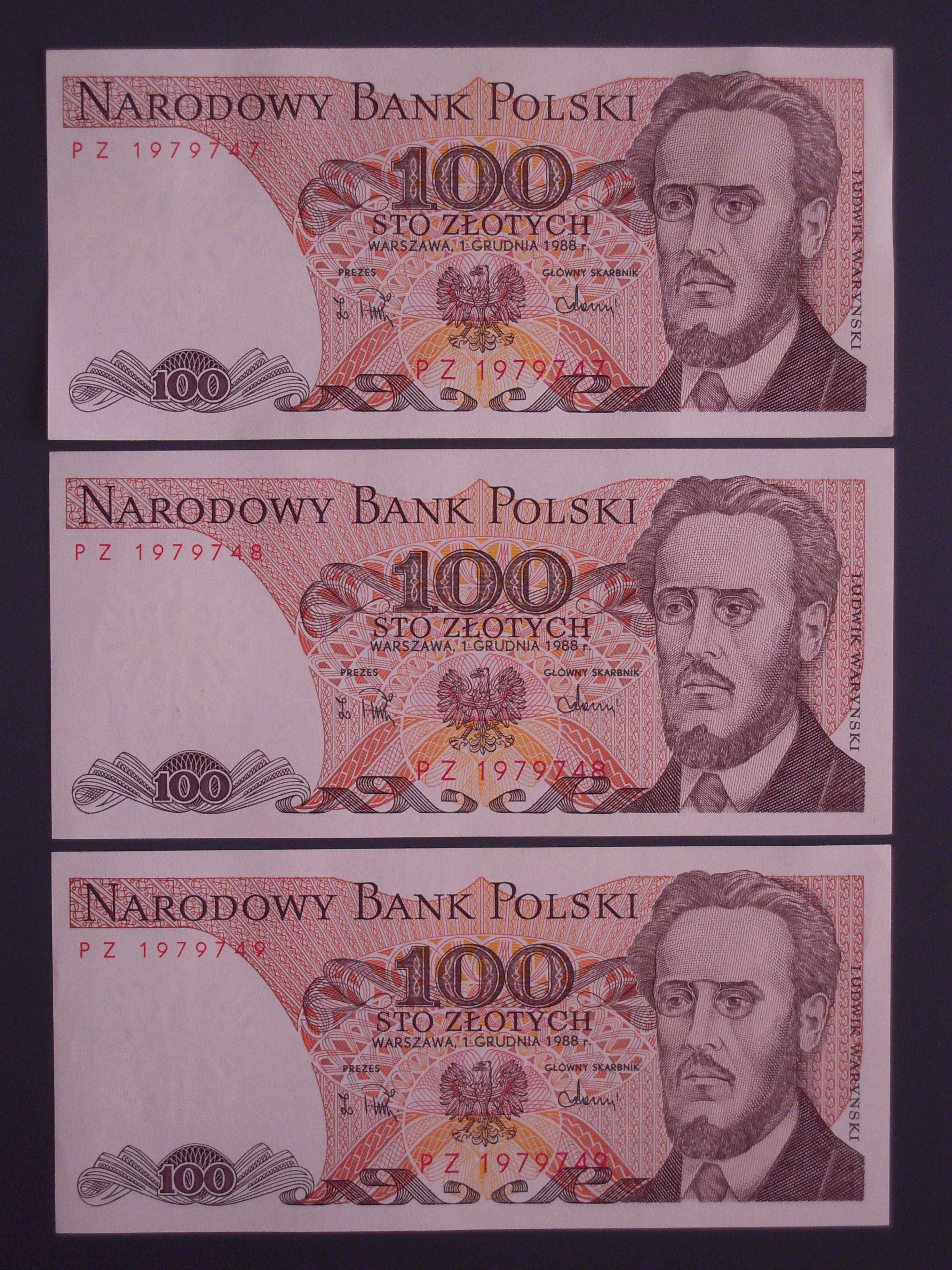 Banknoty PRL 100 zł - Ludwik Waryński - seria PZ z 1 grudnia 1988 r.