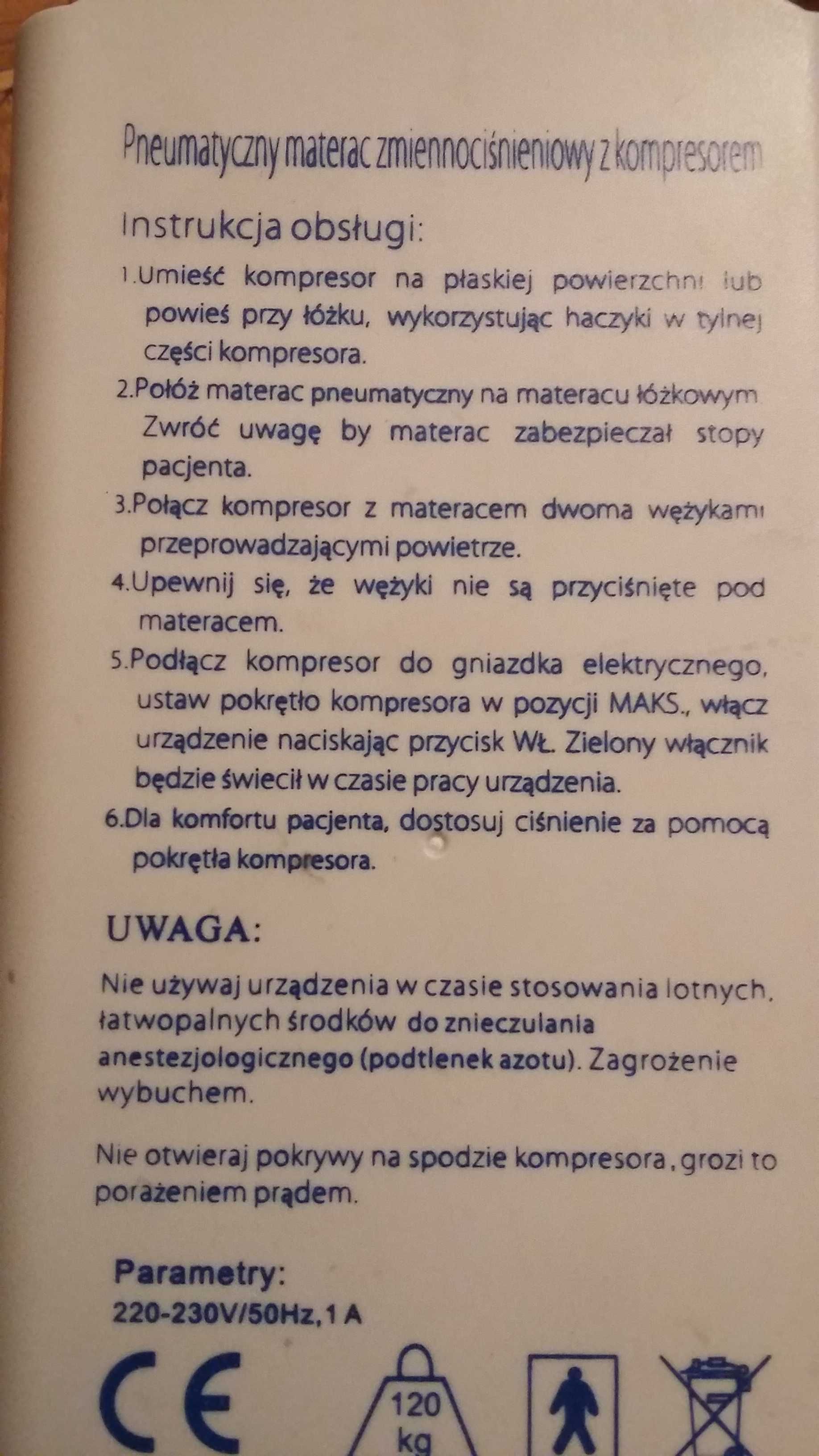 Duży pneumatyczny materac zmiennocisnieniowy z kompresorem