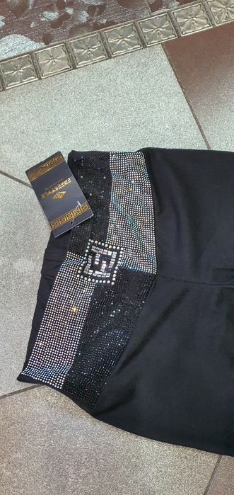 Śliczne czarne legginsy zdobione szeroki cyrkoniowy pas wysoki stan  S