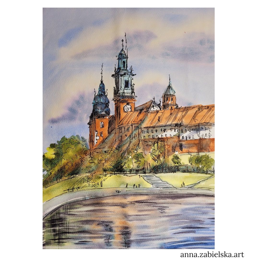 Pejzaż miejski Kraków 24x33 cm tusz I akwarela, prezent, architektura