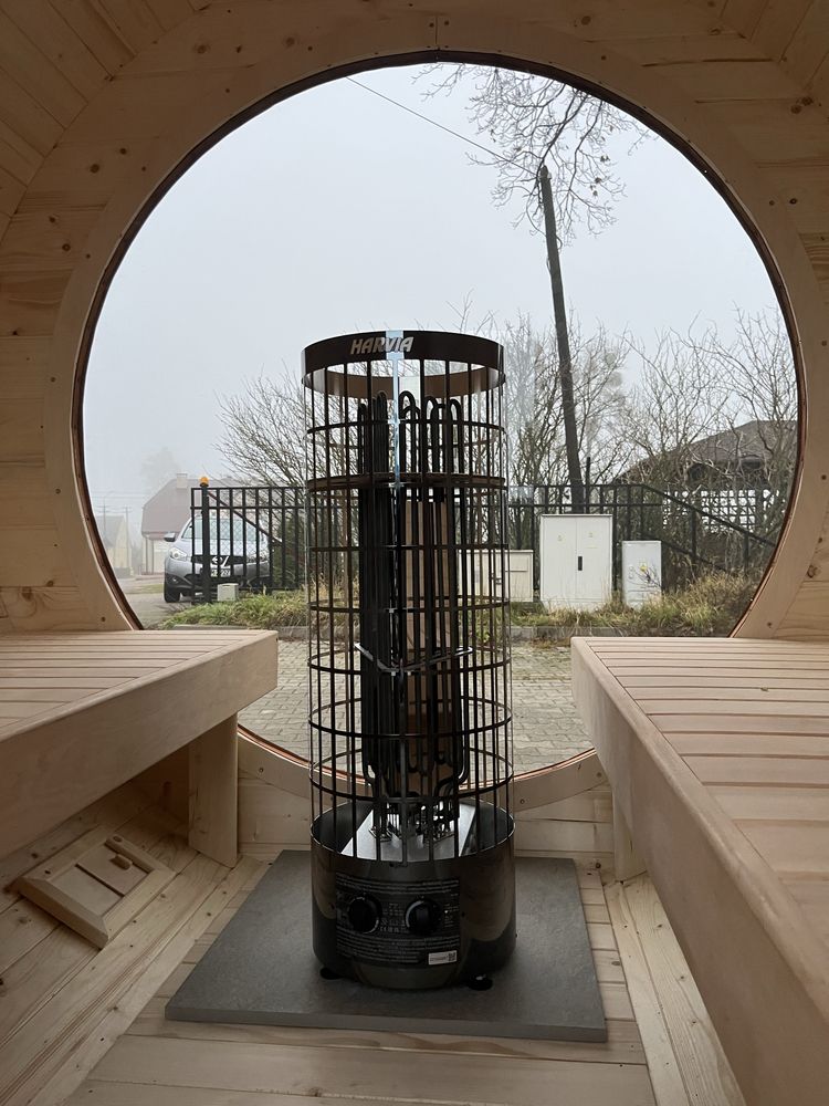 Sauna Ogrodowa Beczka 300cm z Przedsionkiem i Piecem Elektrycznym