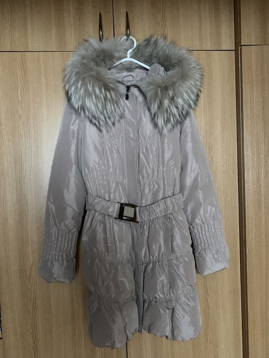 Куртка пуховик длинный с поясом с натуральным мехом з справжнім хутром