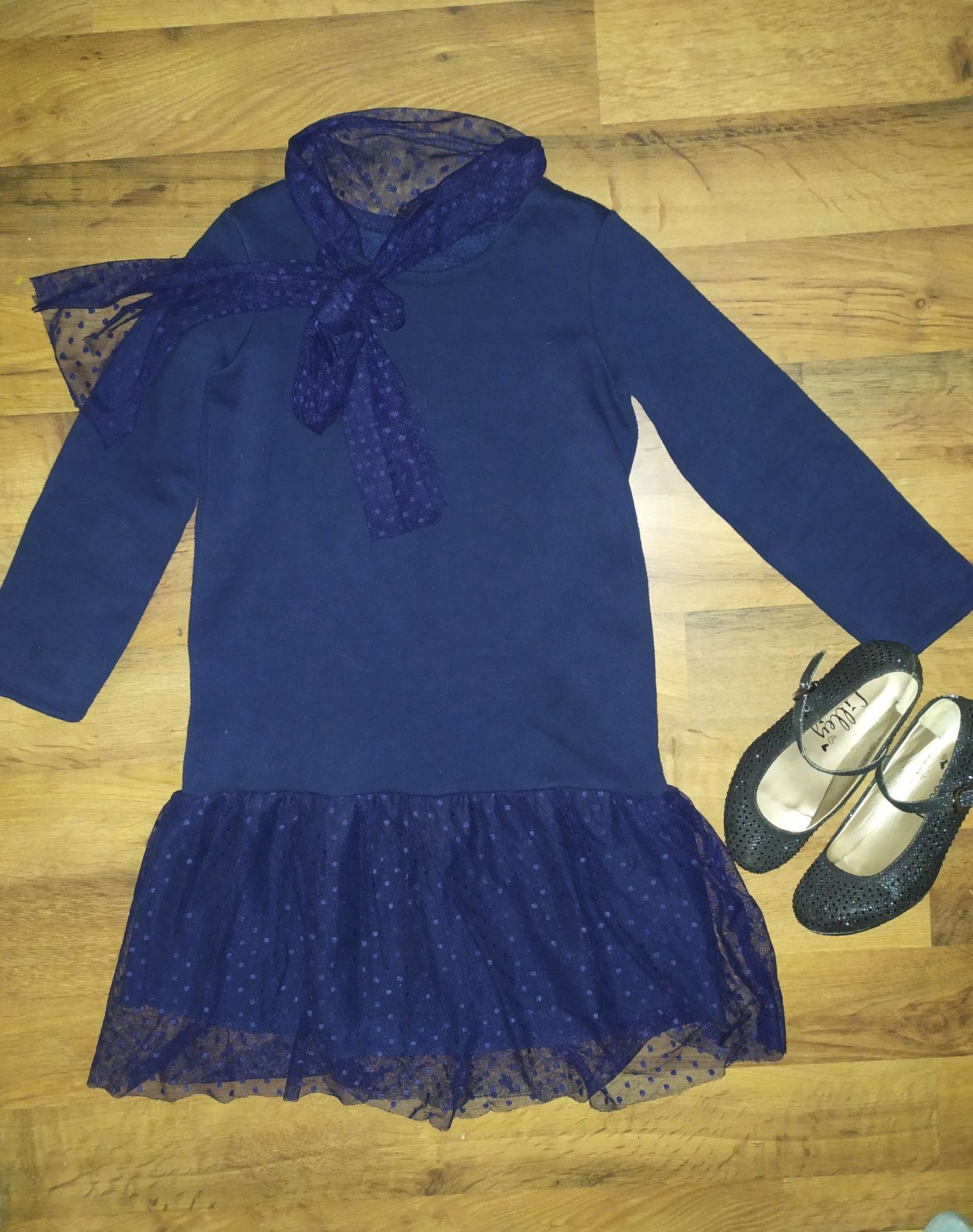 Синее нарядное осеннее платье на девочку 7-8 лет, 122-128.