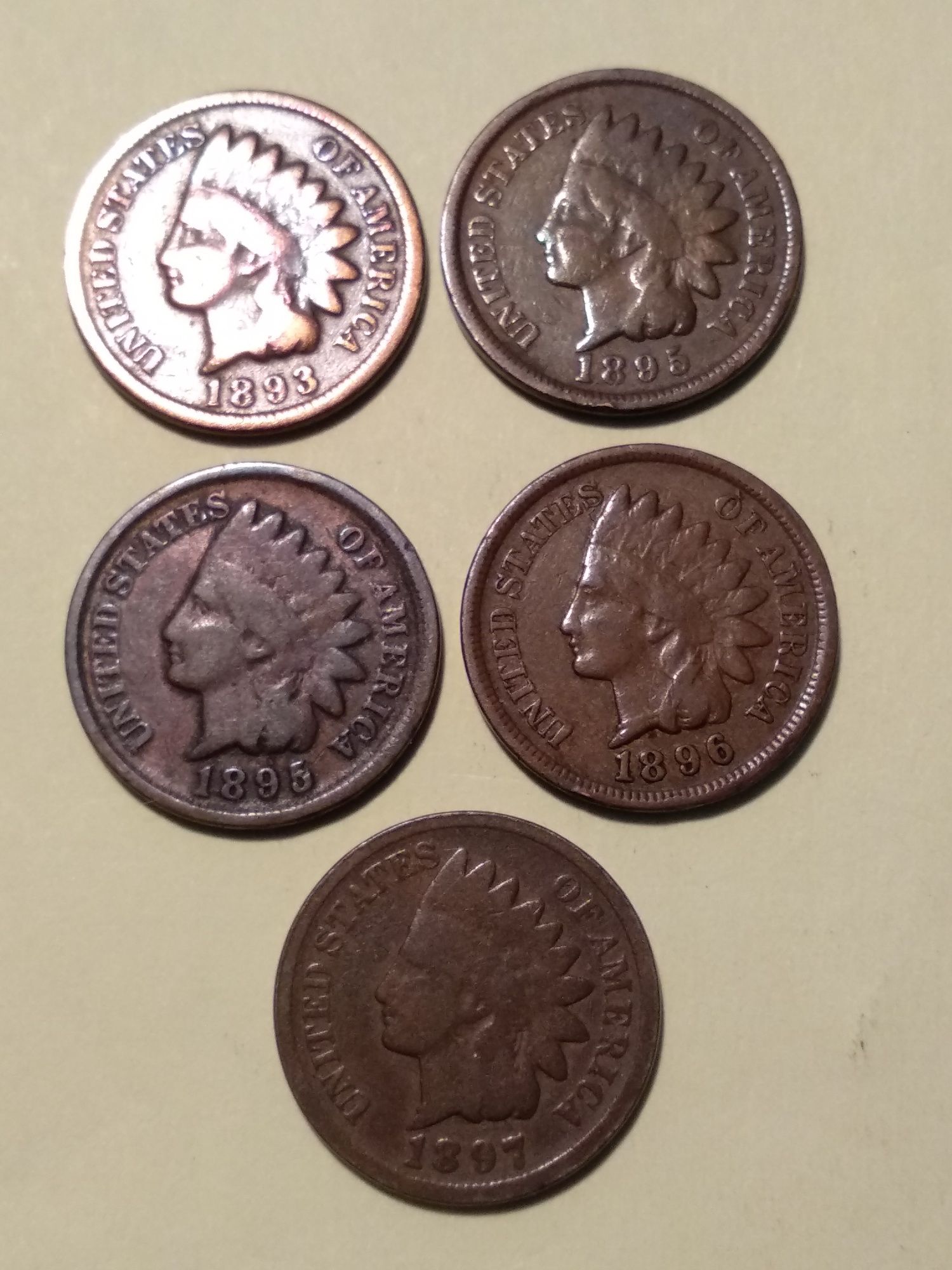 Moedas Indian Head Cent 1893, 1895, 1896 e 1897 EUA circuladas