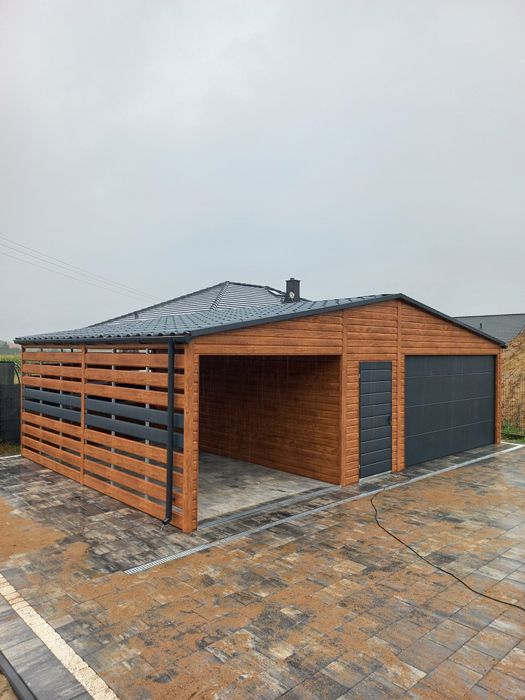 Garaż blaszany nowoczesny wygląd brama segmentowa