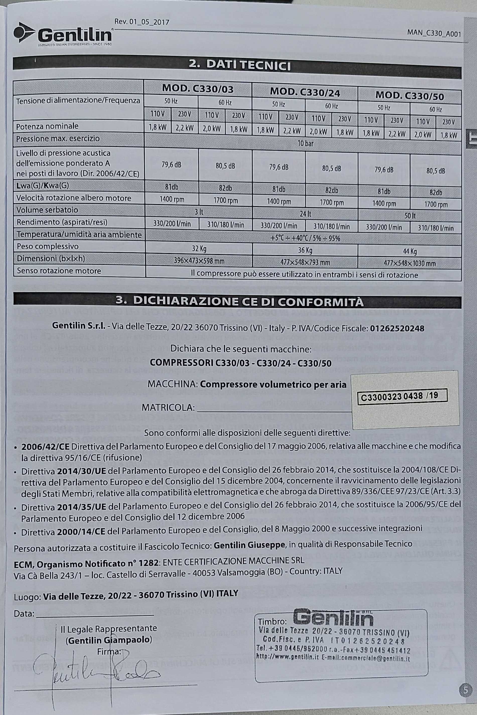 Kompresor bezolejowy do pracy ciągłej Gentilin C330/03, nowy