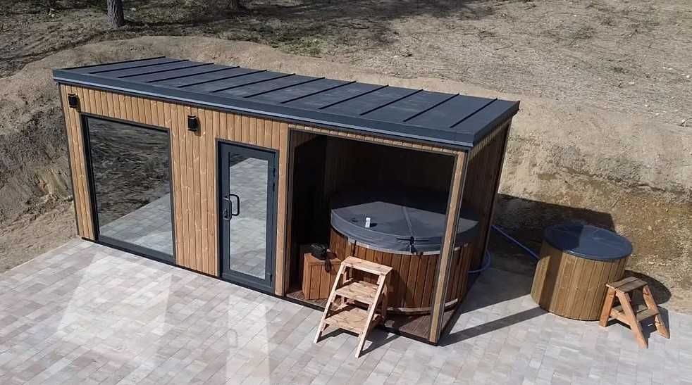 SAUNA ogrodowa PREMIUM 6 x 2,4m Hybryda WIFI wiata na BALIA JACUZZI