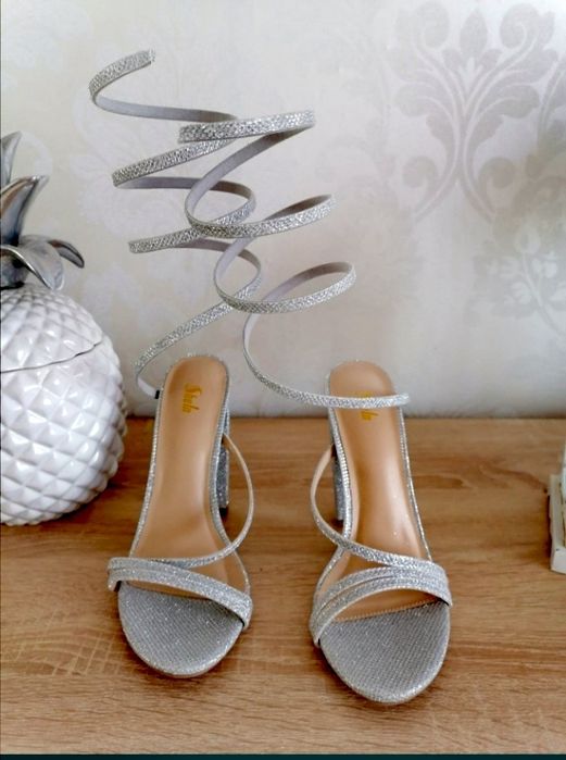 Elegancka sandały srebrne słupek wesele sylwester 38