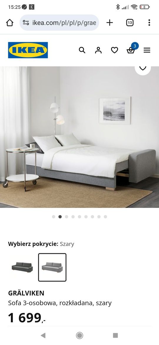 Sofa rozkładana GRÄLVIKEN Ikea, trzyosobowa