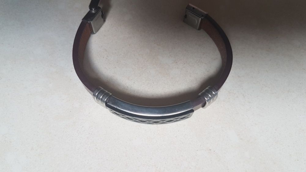 Bransoleta męska skórzana stal nierdzewna