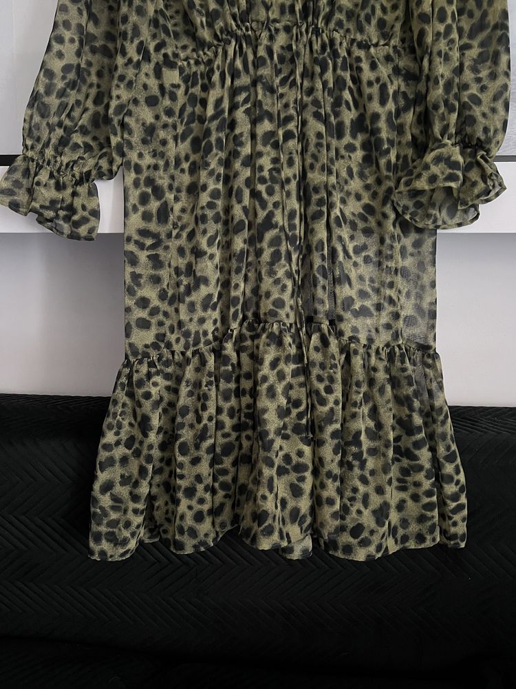 H&M 38 M szyfonowa leopard print midi boho panterka falbanki mgiełka