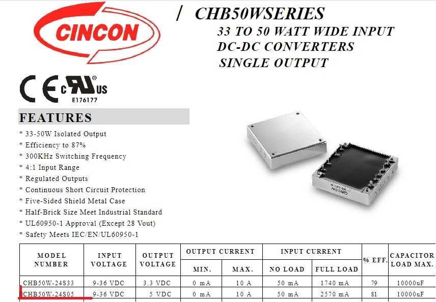 Przetwornica DC DC 50W  Cincon chb50w-24s05N