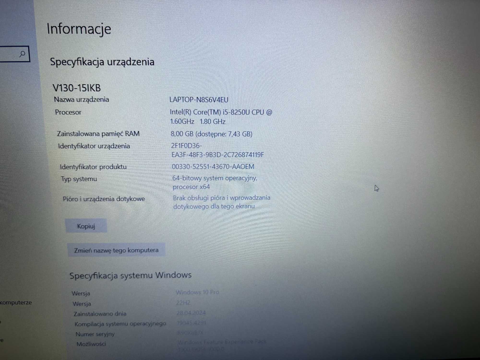 JAK NOWY Laptop lenovo V130-15IKB intel i5 8250U 8 GB ram 512 SSD