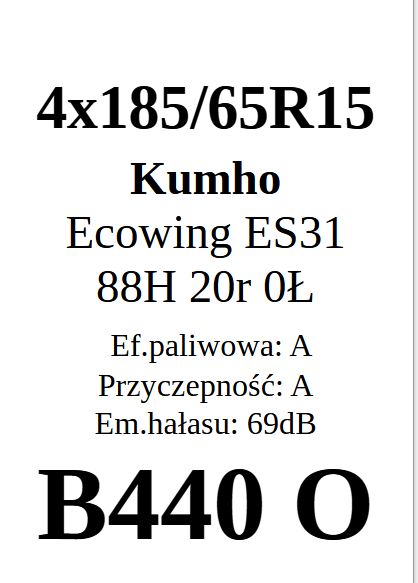 4x 185/65R15 Kumho Ecowing ES31 88H A/A/69dB 7mm JAK NOWE