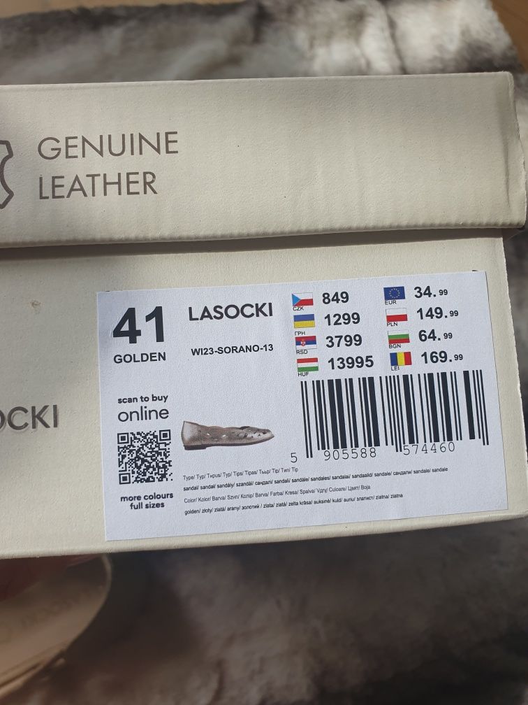 Złote,ażurowe skórzane baleriny Lasocki, r. 41