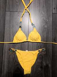 Bikini strój kąpielowy żółty cyrkonie kamienie kryształki łańcuchy m