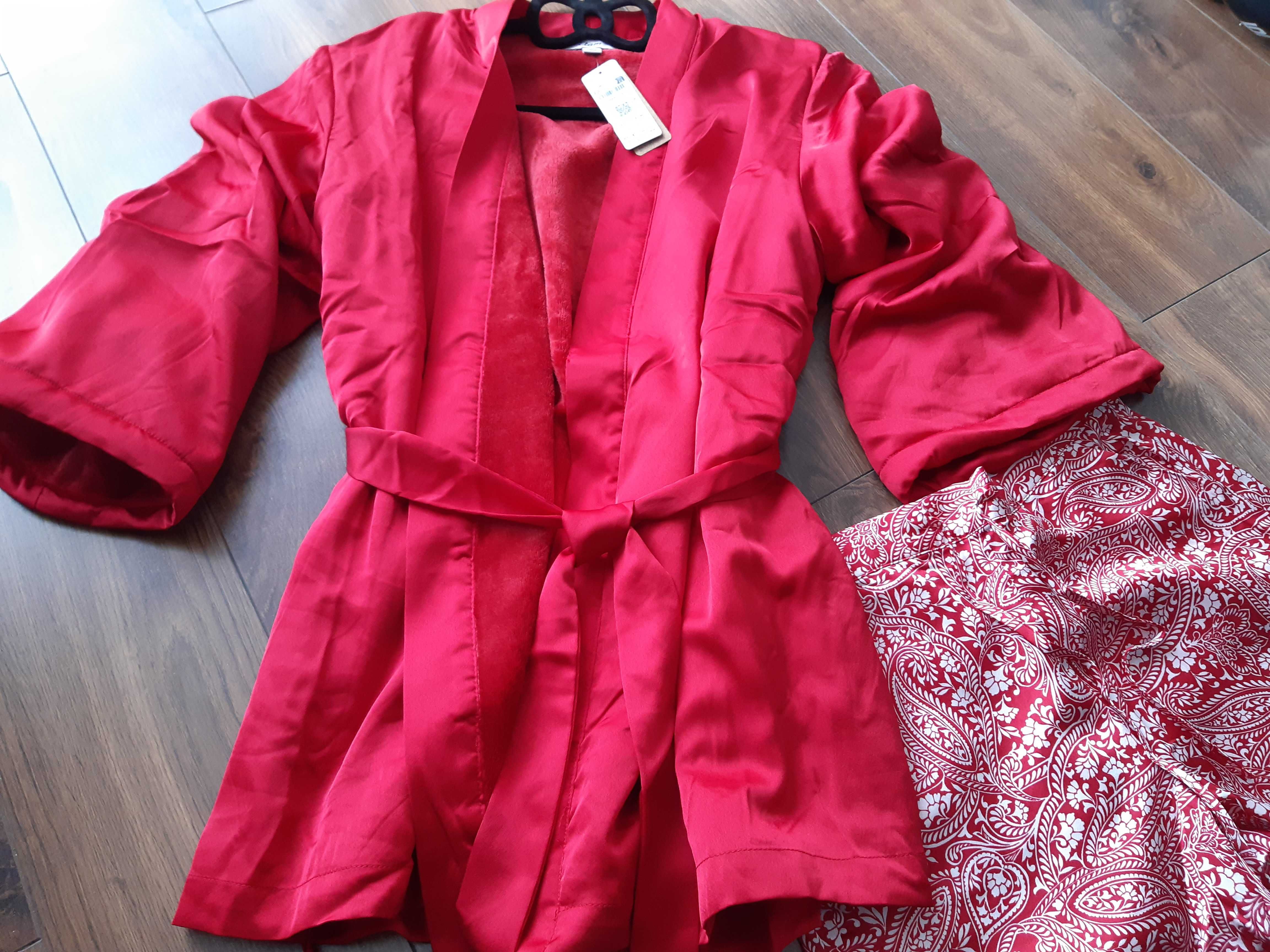 Satynowa nowa markowa piżamka Etam 3 części głęboka czerwień szlafrok